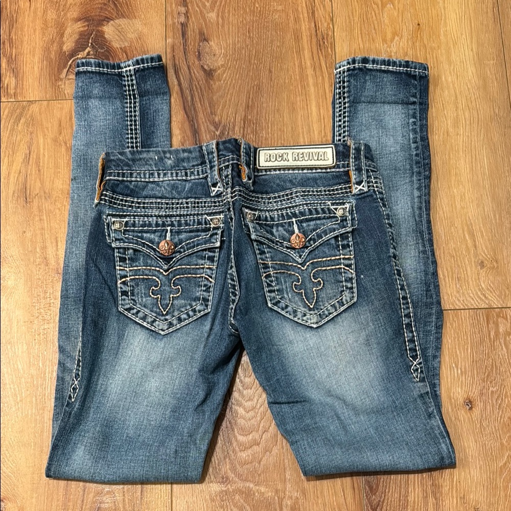 Rock Revival Blue Boot Cut Jeans with Decorative Stitching
